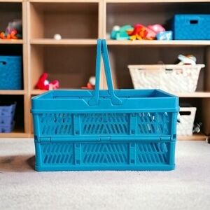 Blue Plastic Foldable Storage Basket 15"x10"x8" Organizer Bin Bathroom Toys G+